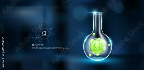 Green model Chlorine (Cl) molecules in glass beaker sphere test tube on dark background with atomic mass atomic number. Minerals sample science experiment. Scientific research. Vector.