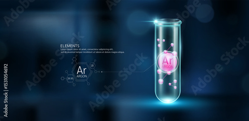 Pink model Argon (Ar) molecules in glass beaker test tube on dark blue background. Minerals sample science experiment. Scientific research concept. Vector EPS10.
