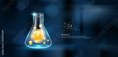 Orange model calcium molecules in glass beaker triangle test tube on dark blue background. Minerals sample science experiment. Scientific research concept. Vector EPS10.