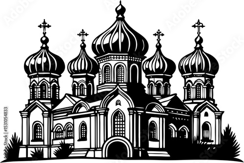 Orthodox Church Architecture Elegant Black and White Illustration, orthodox, church, architecture, black, white, domes, prayer, graphics, spirituality, spiritual, aesthetic, detailed, belief, holy, pi
