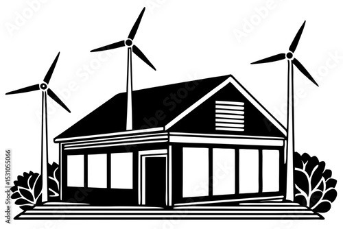 Sustainable Home Design Wind Turbine Powered House Illustration, house, wind, turbine, sustainable, energy, eco-friendly, resources, sustainability, graphics, visual, warming, renewable, efficiency, s