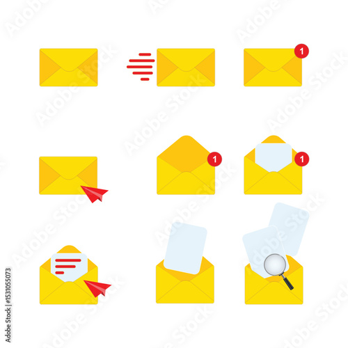 Email icons. 3d mail envelope icon set with marker. new message. Render email notification with letters, check mark, paper plane. Magnifying glass icon.