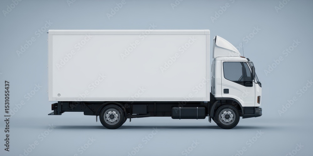 A clean white box truck shown from the side on a light background. Perfect for logistics, delivery, and branding mockup templates. A clean white box truck shown from the side on a light background. Perfect for logistics, delivery, and branding mockup templates.
