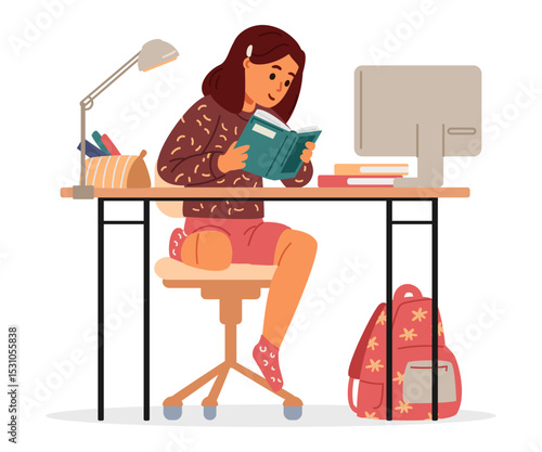 School girl studying at home making homework sitting at desk and reading textbook flat vector illustration isolated on white. Primary school kid studying online or homeschooling.