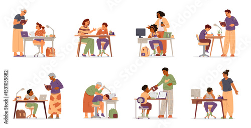 Diverse parents and grandparents making homework or homeschooling with kids flat vector illustrations set isolated on white. Primary school kids studying at home with parents or tutors.
