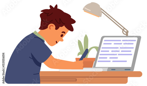 Primary school boy studying at home making homework sitting at desk with open laptop and writing flat vector illustration isolated on white.