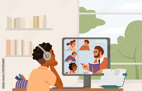 African American school boy in earphones sitting at desk at home studying online looking to computer screen with teacher and other students flat vector illustration.