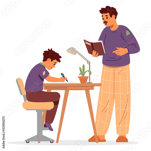 Father and son studying at home flat vector illustration isolated on white. Homeschooling concept tutor or father holding textbook reading kid writing down.