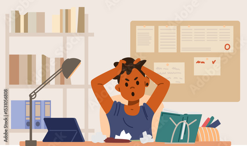 African American angry primary school boy studying at home having problems with homework sitting at desk in his room flat vector illustration. 