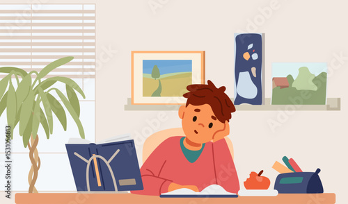 Primary school boy studying sitting at desk and reading textbook in his room flat vector illustration.