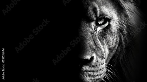 Monochrome artistic portrayal depicting half a lions face with detailed fur and a penetrating gaze on a black background