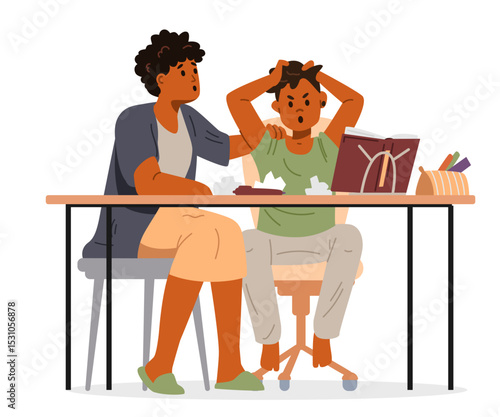 African American family mother and son studying at home. Mother calms down her angry primary school boy son having problems with homework sitting at desk flat vector illustration isolated on white. 