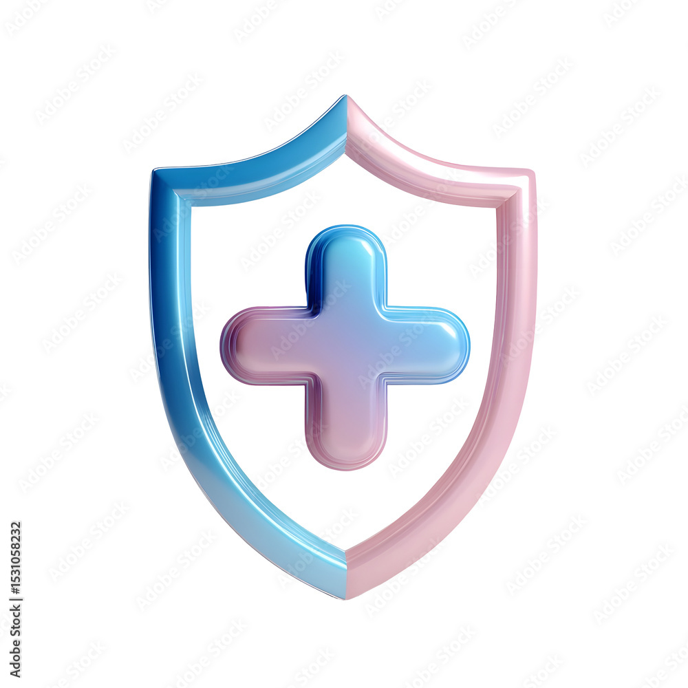 Obraz premium Stylized 3D rendering of a pastel blue and pink shield icon with a medical cross emblem symbolizing healthcare protection and medical services