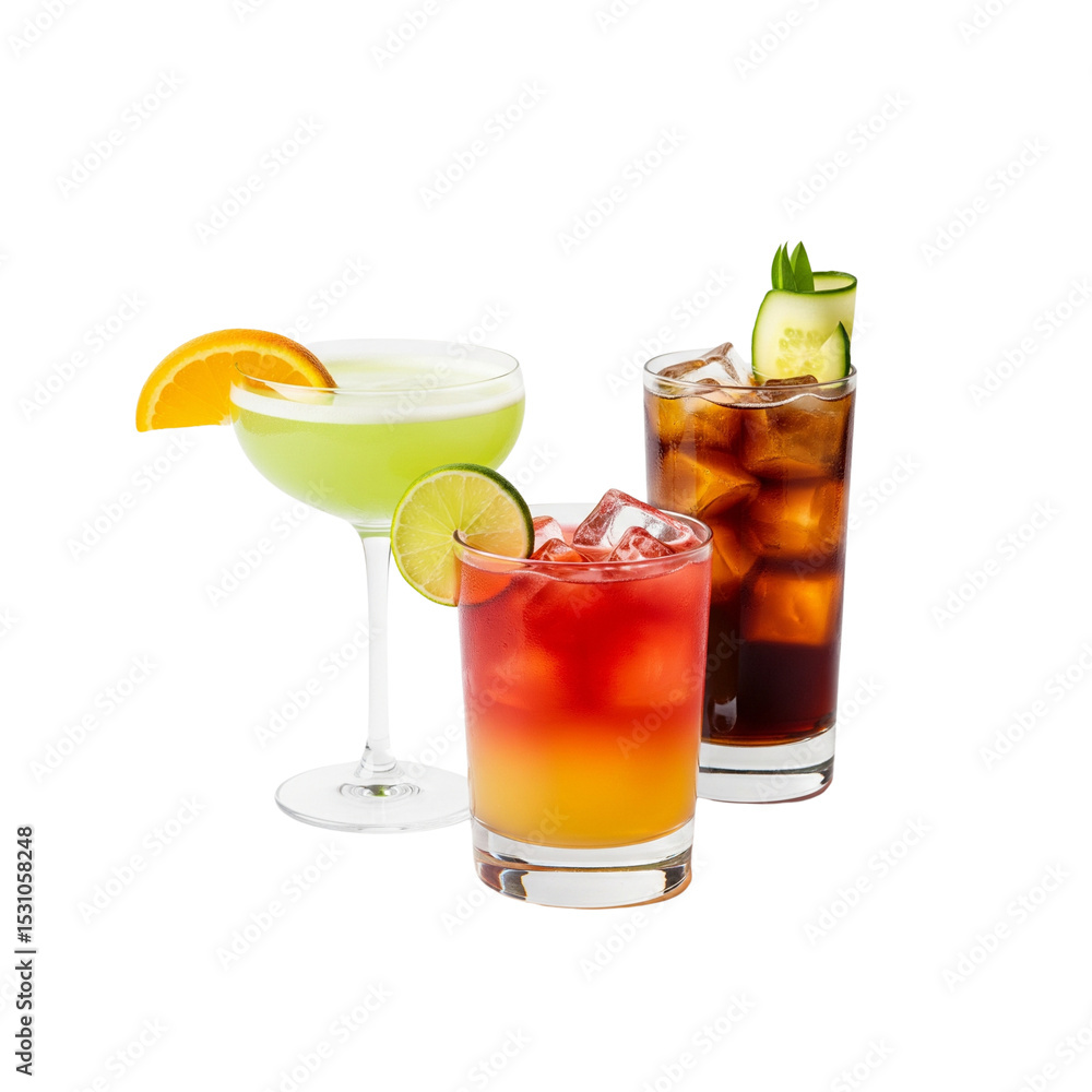Fototapeta premium Three refreshing cocktails with fruit garnishes