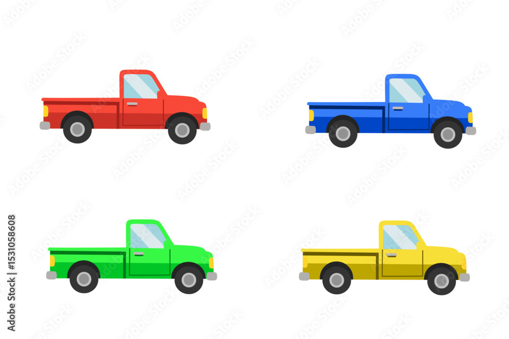 Naklejka premium Illustration of four pickup trucks in red, blue, green, and yellow. Flat style side view, suitable for logistics, education, and animation graphic needs.