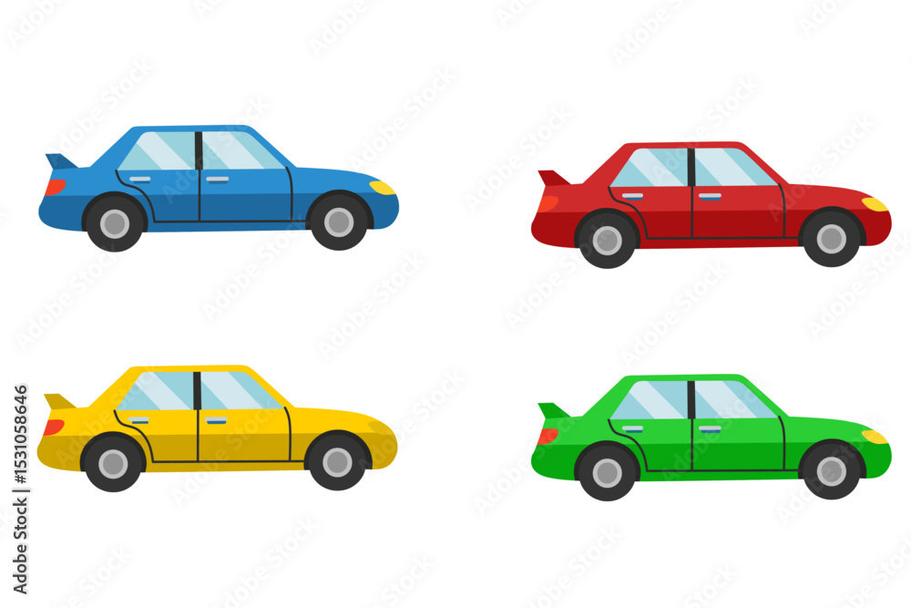 Fototapeta premium Vector of four blue, red, yellow and green sports cars in cartoon style side view. Dynamic design for automotive, posters or children's teaching materials