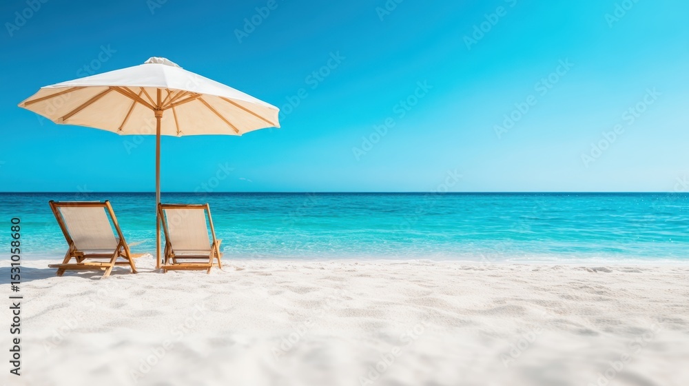 Two wooden beach chairs sit peacefully under an umbrella on a pristine tropical beach, with crystal-clear waters and white sand, offering a perfect relaxation spot. Two wooden beach chairs sit peacefully under an umbrella on a pristine tropical beach, with crystal-clear waters and white sand, offering a perfect relaxation spot.