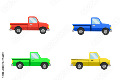 Illustration of four pickup trucks in red, blue, green, and yellow. Flat style side view, suitable for logistics, education, and animation graphic needs.