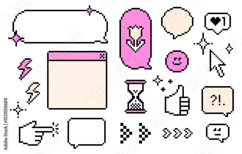 Set of retro speech bubbles and icons in pixel art style. 8bit digital chic emoji in pink. Pixel dialogue box for social media network. Game abstract isolated vector elements on white background