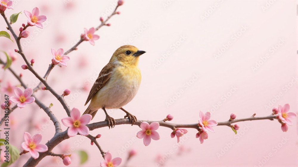 Bird on pink flowers branch Bird on pink flowers branch