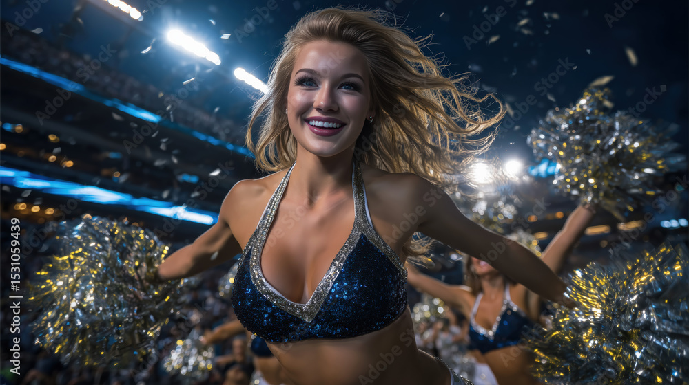 Fototapeta premium A female cheerleader with a joyful expression performs a high-energy routine, her metallic pompoms a blur of motion under dramatic stadium lights during a halftime show.