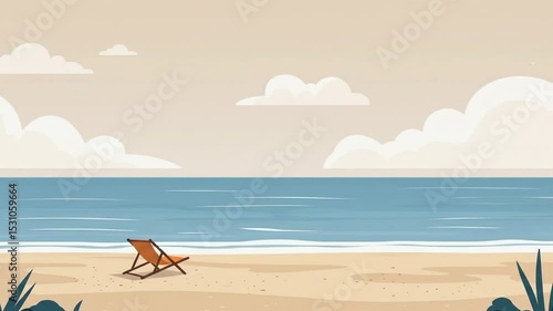 Pastel beach landscape scene with orange beach chair tranquil ocean and sandy beach illustration