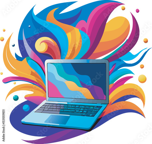 A collection of vibrant, stylized illustrations showcasing laptops with colorful abstract designs and flowing organic shapes emanating from their screens, symbolizing creativity and digital artistry.