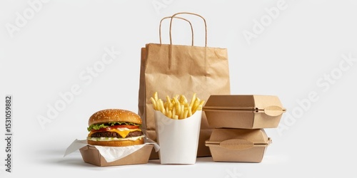 Burger, french fries, and takeaway containers with a brown paper delivery bag. Fast food meal set isolated on a white background.
