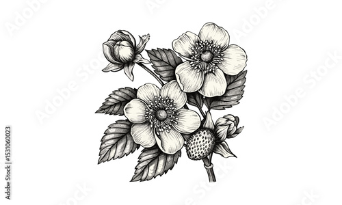 Vintage Engraving of Fragaria Chilensis, Chili Strawberry Flower, botanical vector illustration, antique flora, botanical fruit print, png, retro plant art, engraving style.