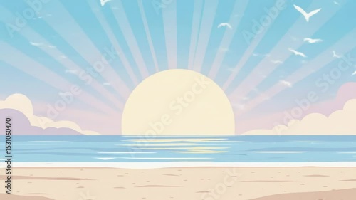 Pastel sunrise beach scene illustration beautiful nature background calm ocean peaceful landscape and digital art