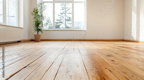 A beautifully lit empty interior space with wooden floors and large windows  creating a serene and inviting atmosphere for home design or real estate.