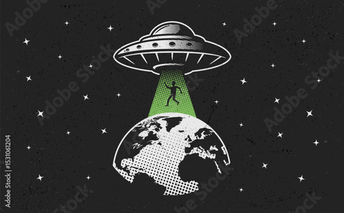 UFO abduct concept. UFO abducting people from Earth. Retro poster design. Alien Spaceship, UFO. Vector illustration