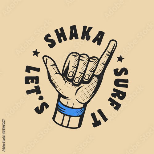 Shaka hand logo design with surfing vibe. Perfect for branding or prints. Surfing the waves symbol. Vector illustration. 