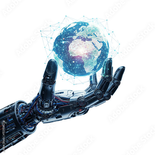 Create an image of Holding Globe in the hands of a robot on png background, a global business and technology concept. 
