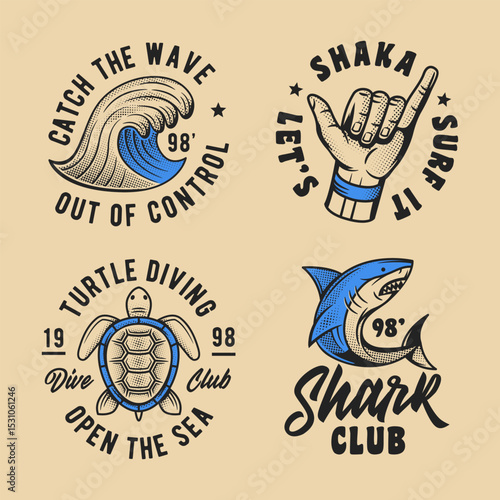 Vintage Summer, Tropical emblems. Emblems set for t-shirt print, poster, label, flyer design or Beach events. Rustic and retro style Nautical logo. Vector Illustration.