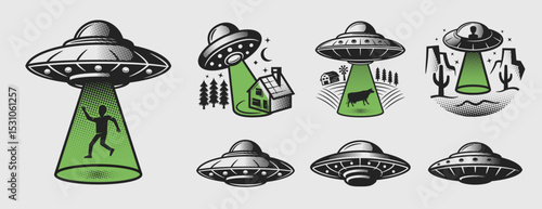 UFO abduction set. UFO abduct human, house, farm and desert. Spaceship retro icons. Vintage UFO abductions set isolated on white background. UFO logo. Vector illustration