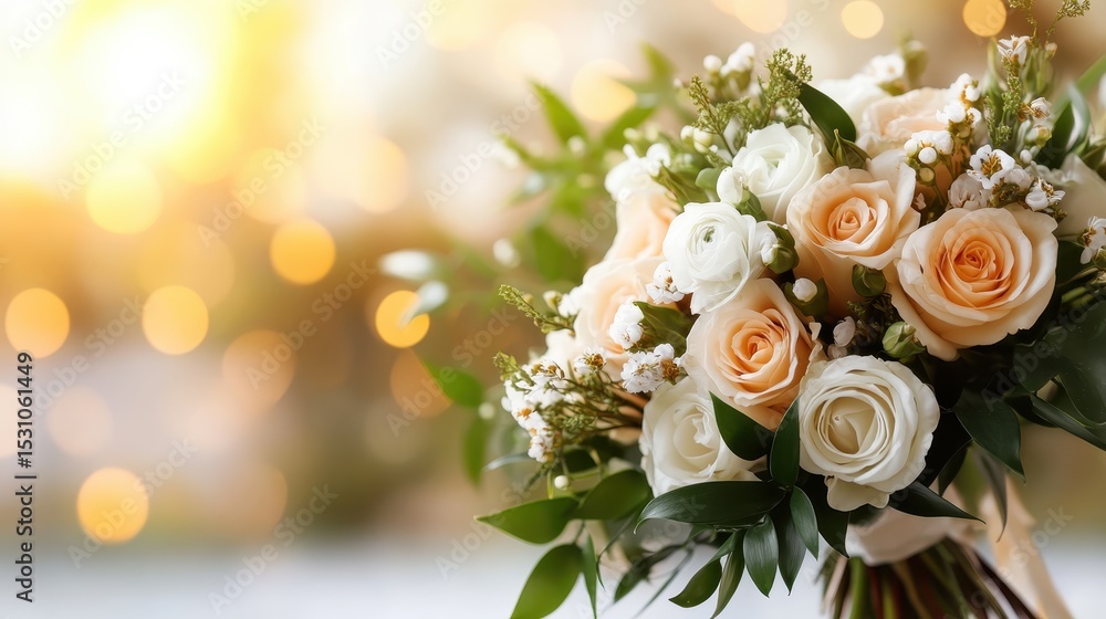 A beautiful circular bouquet of white and peach roses surrounded by delicate greens emits a romantic vibe, perfect for weddings or special occasions. A beautiful circular bouquet of white and peach roses surrounded by delicate greens emits a romantic vibe, perfect for weddings or special occasions.