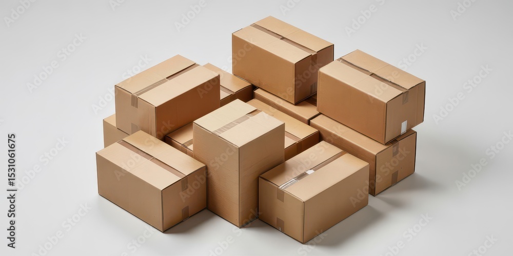 Fototapeta premium Neatly arranged cardboard boxes of varying sizes, showcasing a minimalist composition with soft neutral tones and a subtle orange accent, representing modern packaging and shipping solutions.