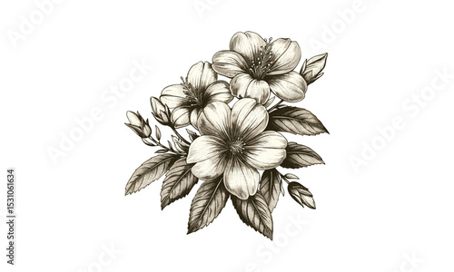 Botanical Vector Illustration, Vintage Hibbertia Flowers Engraving, Guinea Flora, Floral Sketch, Nature Art, Herbarium Style, Garden Elements, Classic Plant Design.