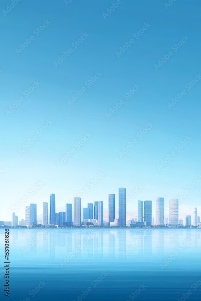 Fototapeta premium Modern Cityscape Reflected in Calm Water Under Clear Sky