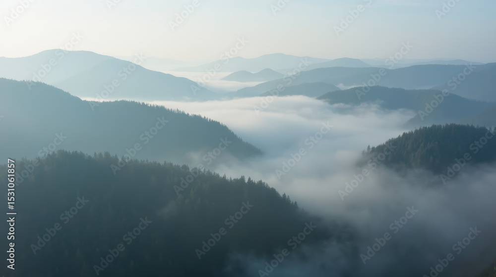 Obraz premium Misty mountains landscape with fog covering valleys, creating serene and tranquil atmosphere. soft hues of blue and gray enhance peaceful scenery