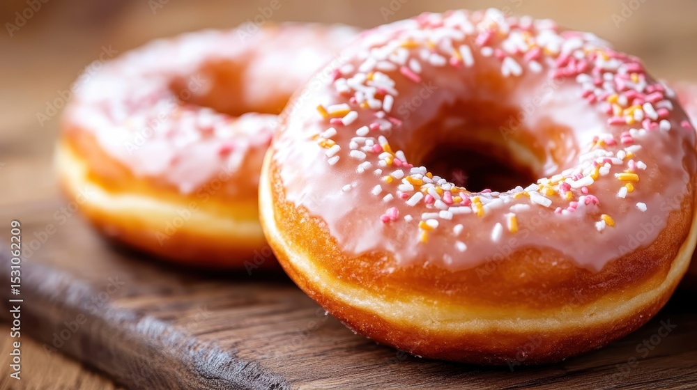 Two delightful pink frosted donuts, topped with colorful sprinkles, are presented on a rustic wooden surface, inviting dessert lovers to indulge in a sweet treat. Two delightful pink frosted donuts, topped with colorful sprinkles, are presented on a rustic wooden surface, inviting dessert lovers to indulge in a sweet treat.