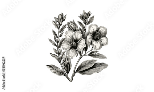 Vintage Guinea Hibbertia Flowers Engraving Vector Illustration, Botanical Art, Floral Design, Hand Drawn Plant, Nature Sketch, Garden Decor, Classic Style, Line Art.