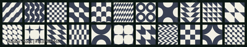Big set of abstract contemporary seamless minimalism patterns of simple geometric shapes on a black background in brutalism style; black and white colors; flat style