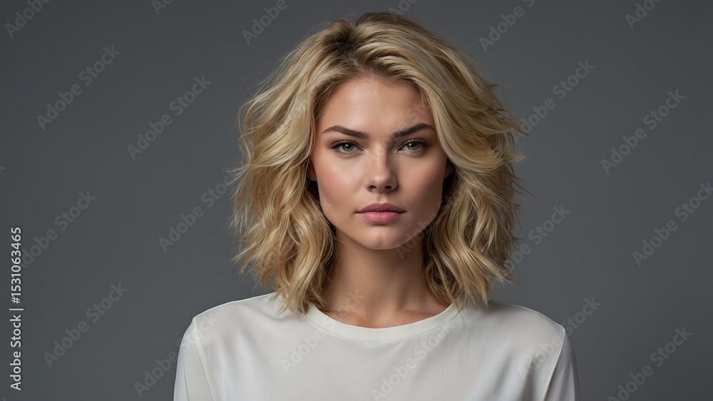 Fotografía de estudio de modelo femenina rubia con mirada intensa y rostro simétrico, fondo minimalista gris Fotografía de estudio de modelo femenina rubia con mirada intensa y rostro simétrico, fondo minimalista gris