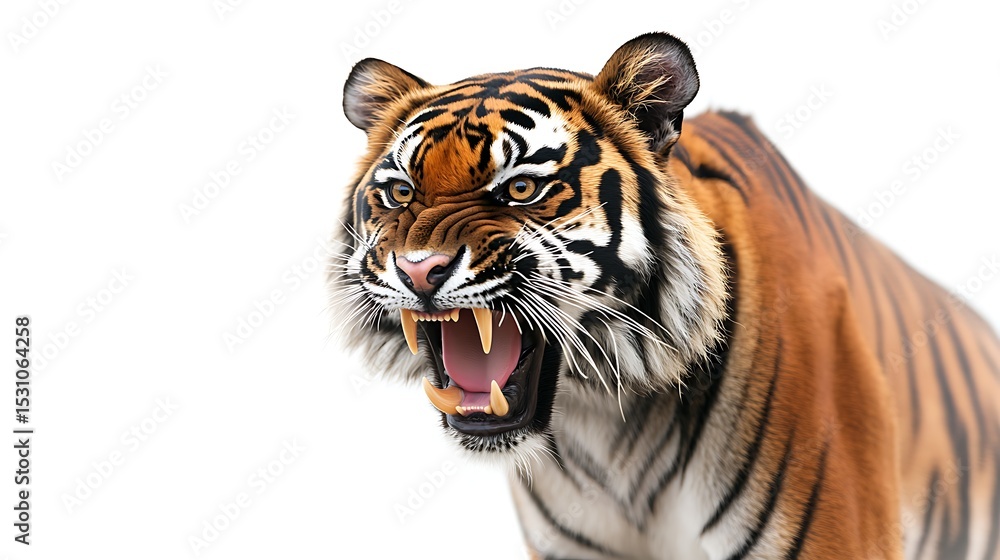 Obraz premium Roaring Tiger Showing Fangs on White Background Portrait Animal Theme