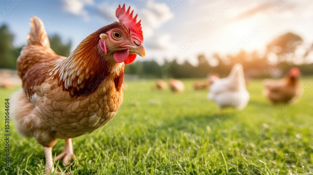 Fototapeta premium A beautiful hen confidently exploring a lush green field, symbolizing freedom and life in a natural, serene countryside setting, perfect for nature lovers.