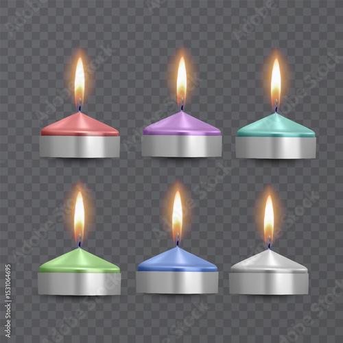 Set of Colorful Tealight Candles with Burning Flames