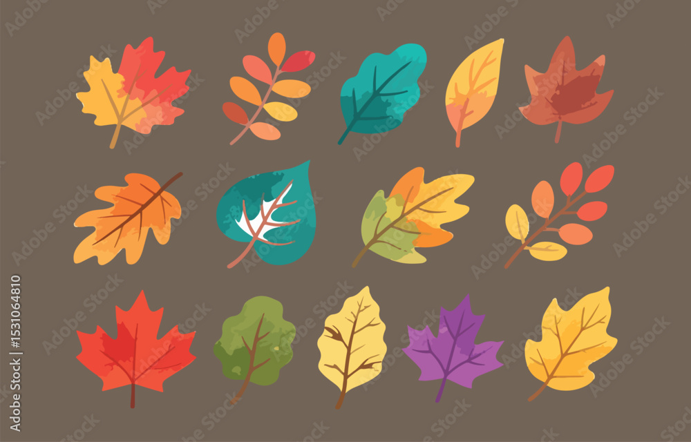 Obraz premium Collection of Colorful Autumn Leaves in Various Shapes and Shades on a Brown Background for Seasonal Designs and Creative Projects