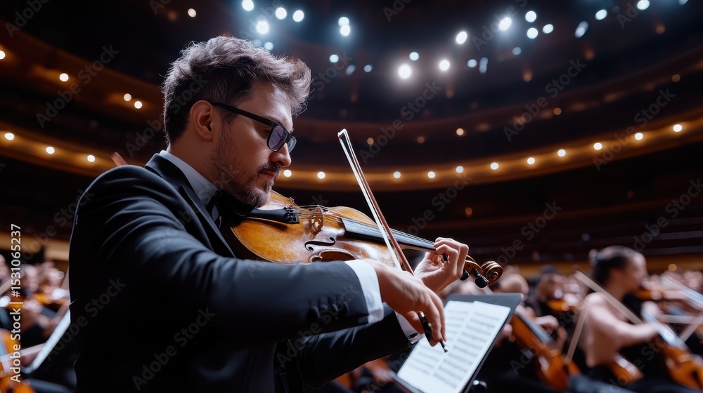 Fototapeta premium An accomplished violinist in formal attire passionately plays at a grand orchestra, captivating the audience with beautiful melodies that demonstrate artistic dedication and mastery of music.